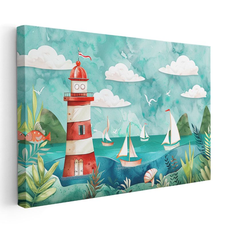 Deniz Feneri - Turkuaz Sularda Yelkenliler Kanvas Tablo