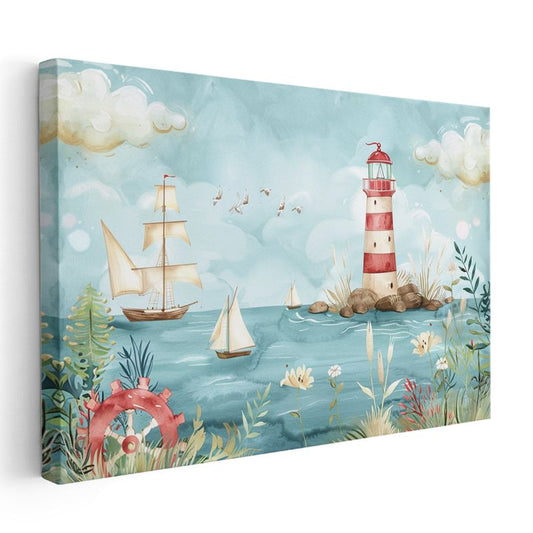 Deniz Feneri - Yelkenliler ve Dalgalar Kanvas Tablo