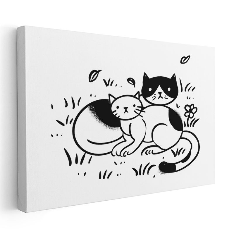 Kedi Dostlar - Siyah Beyaz Minimalist Çizim Kanvas Tablo