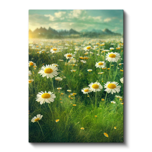 Papatya Çayırı - Dağ Manzaralı Bahar Kanvas Tablo