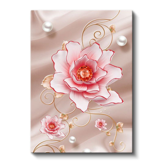 Zarif Çiçek İllüstrasyonu - İnci Detaylı Pembe Gül Kanvas Tablo