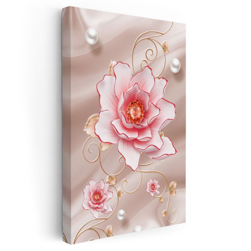 Zarif Çiçek İllüstrasyonu - İnci Detaylı Pembe Gül Kanvas Tablo