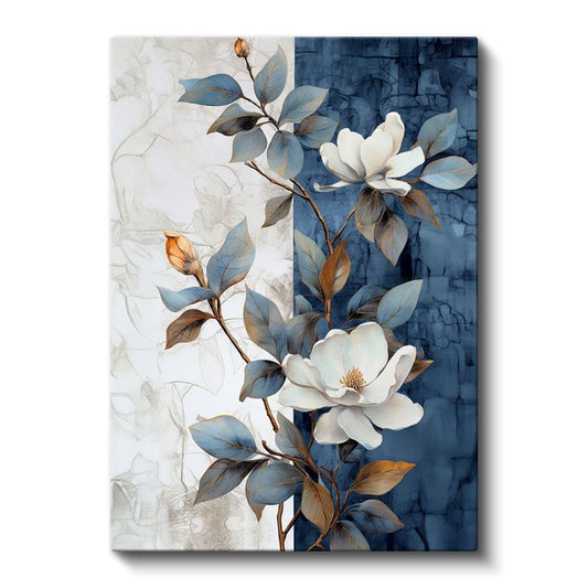 Mavi Beyaz Manolya - Kontrast Yapraklı Çiçek Kanvas Tablo