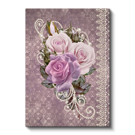 İnci Süslemeli Güller - Mor Damask Desenli Kanvas Tablo