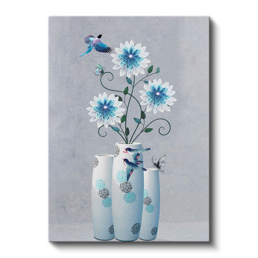 Mavi Çiçek Düşü - Kuşlar ve Çiçeklerle Modern Dekoratif Kanvas Tablo