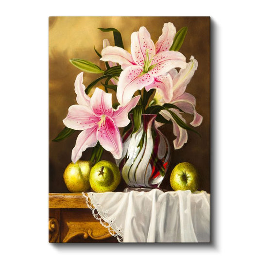 Pembe Lilyumlar - Yeşil Elmalarla Zarif Çiçek Kompozisyonu Kanvas Tablo