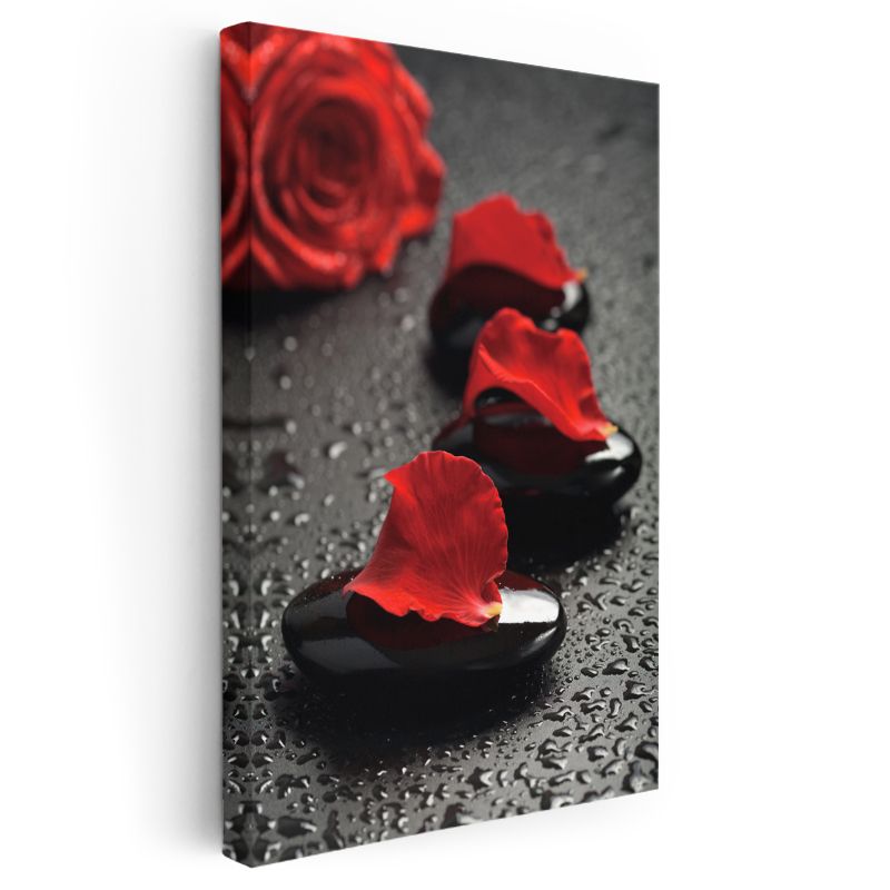 Kırmızı Gül Yaprakları - Siyah Taşlar Üzerinde Dramatik Kompozisyon Kanvas Tablo