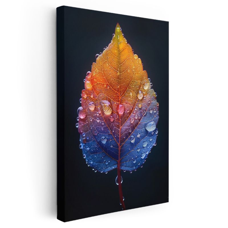 Sonbahar Yaprağı - Çiy Damlalı Renkli Yaprak Kanvas Tablo