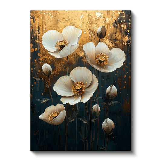 Beyaz Gelincikler - Altın Zemin Üzerinde Zarif Çiçekler Kanvas Tablo