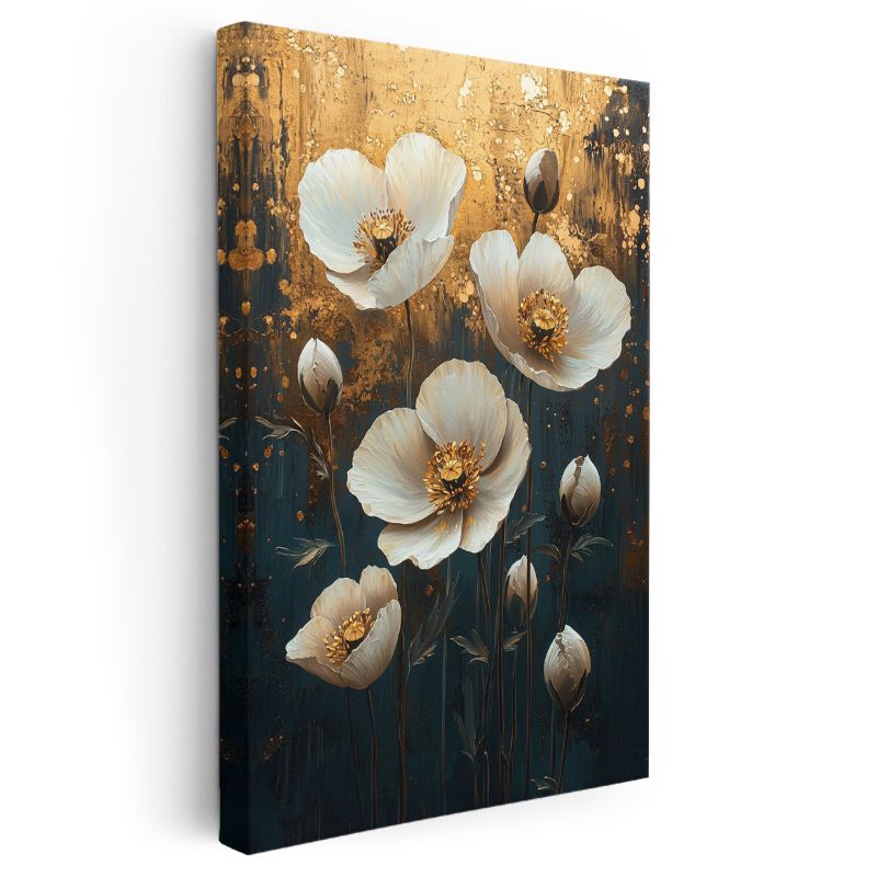 Beyaz Gelincikler - Altın Zemin Üzerinde Zarif Çiçekler Kanvas Tablo