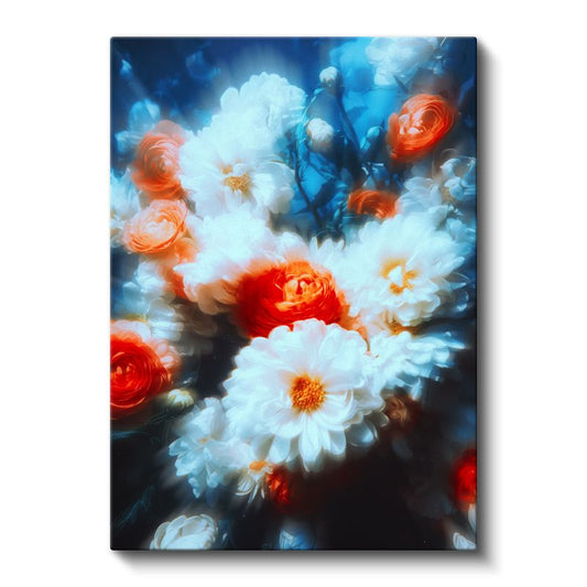 Beyaz Papatyalar - Mavi Fonda Turuncu Detaylı Buket Kanvas Tablo