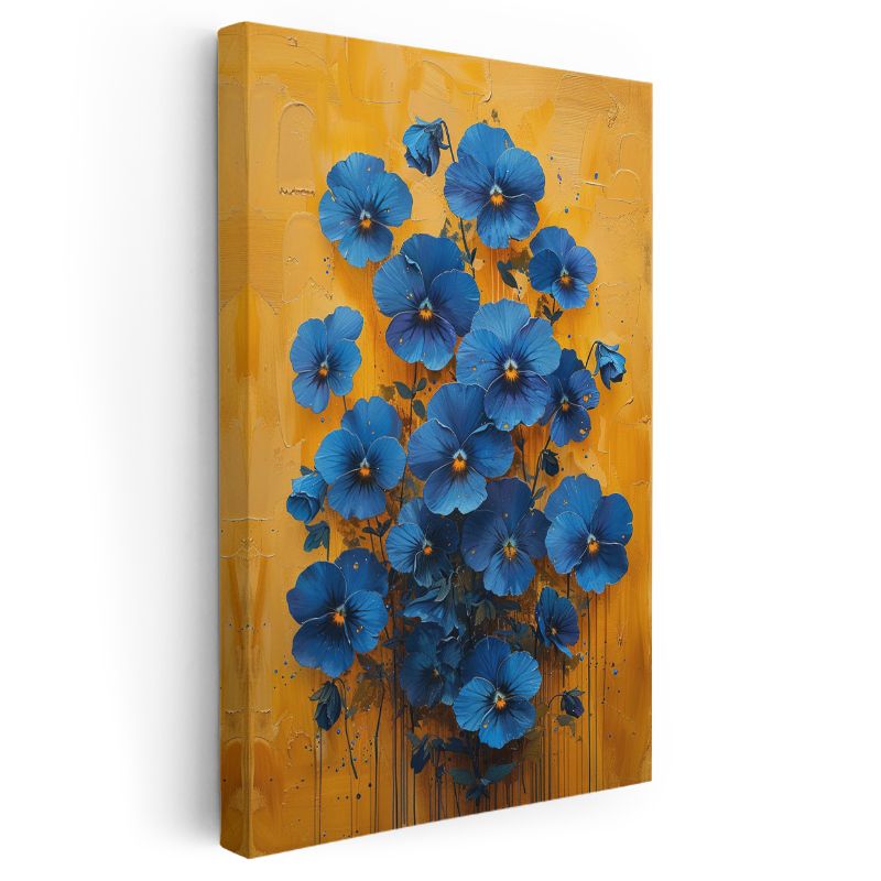 Mavi Menekşeler - Sarı Fon Üzerinde Kontrast Çiçekler Kanvas Tablo