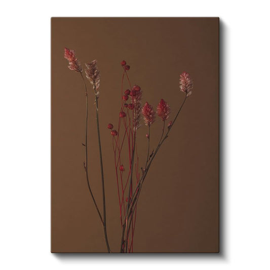 Kuru Çiçekler - Kahverengi Fonda Doğal Bitki Kompozisyonu Kanvas Tablo