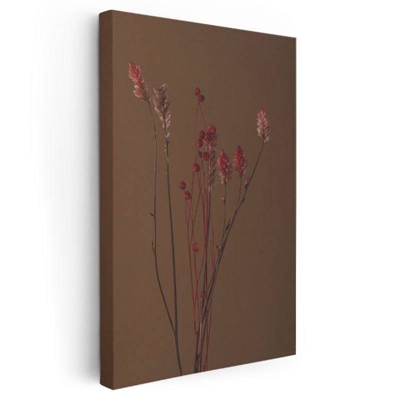 Kuru Çiçekler - Kahverengi Fonda Doğal Bitki Kompozisyonu Kanvas Tablo