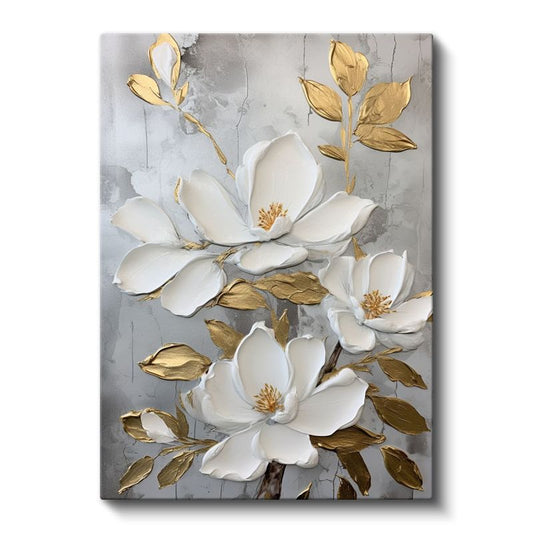 Beyaz Manolyalar - Altın Yapraklı Kabartma Görünümlü Çiçek Kanvas Tablo