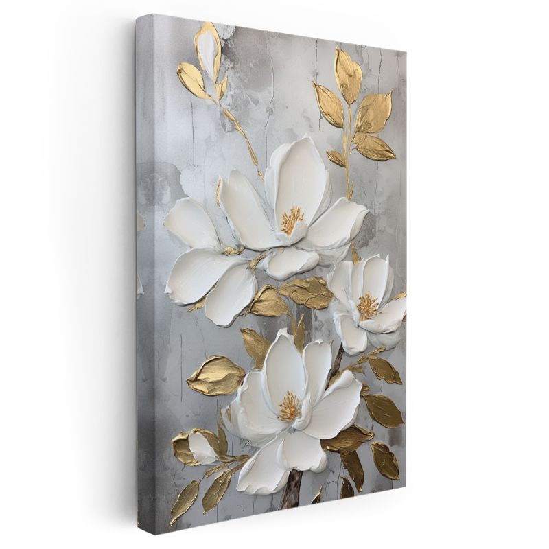 Beyaz Manolyalar - Altın Yapraklı Kabartma Görünümlü Çiçek Kanvas Tablo