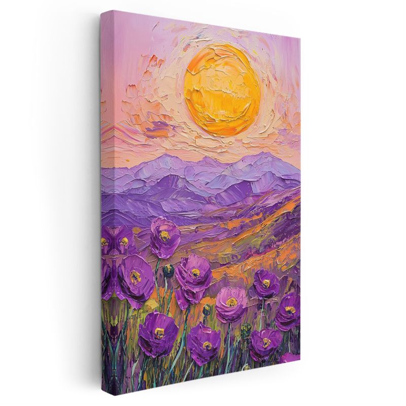 Mor Gelincikler - İmpasto Tekniğiyle Gün Doğumu Manzarası Kanvas Tablo