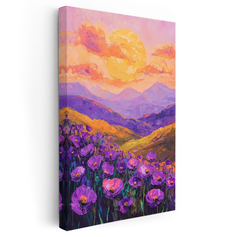 Mor Gelincik Tarlası - Gün Batımı Manzarası Kanvas Tablo