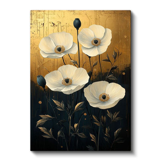 Beyaz Gelincikler - Altın Zemin Üzerinde Zarif Çiçekler Kanvas Tablo