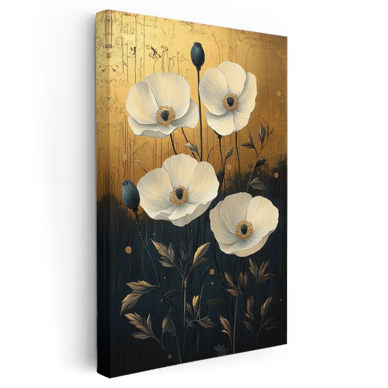 Beyaz Gelincikler - Altın Zemin Üzerinde Zarif Çiçekler Kanvas Tablo