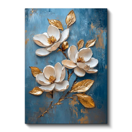 Zarif Manolya Çiçekleri - Mavi Fonda Altın Detaylı Kanvas Tablo