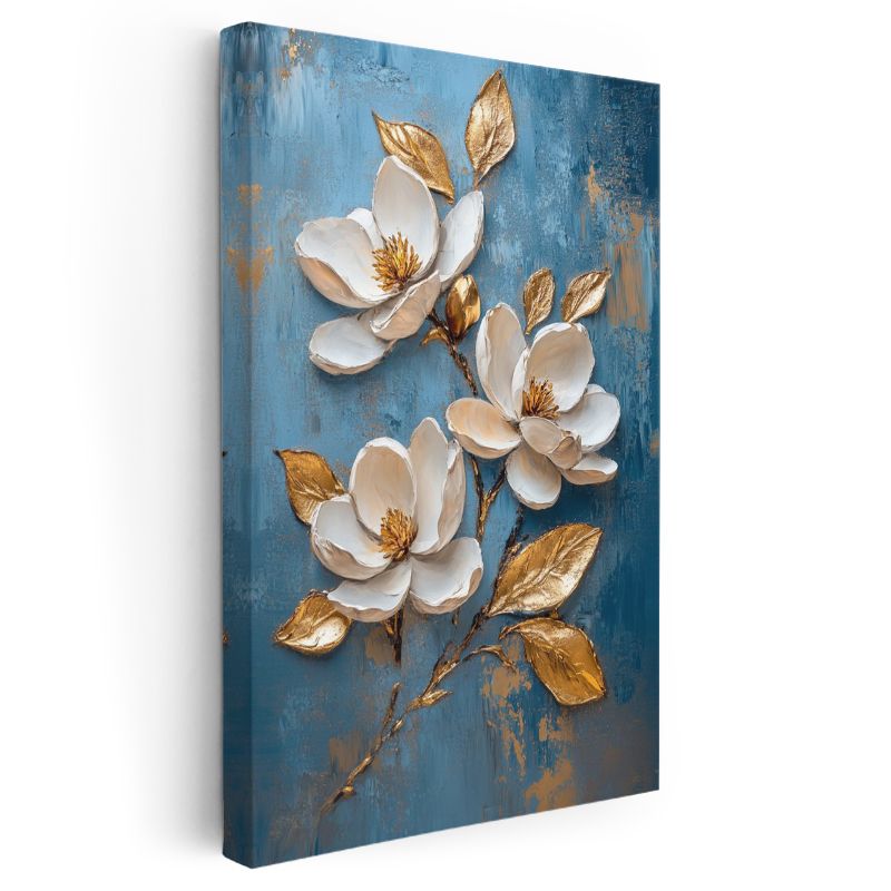 Zarif Manolya Çiçekleri - Mavi Fonda Altın Detaylı Kanvas Tablo