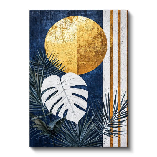 Tropikal Monstera - Mavi Altın Geometrik Dekor Kanvas Tablo