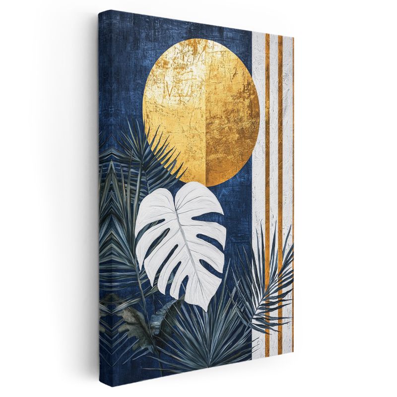 Tropikal Monstera - Mavi Altın Geometrik Dekor Kanvas Tablo