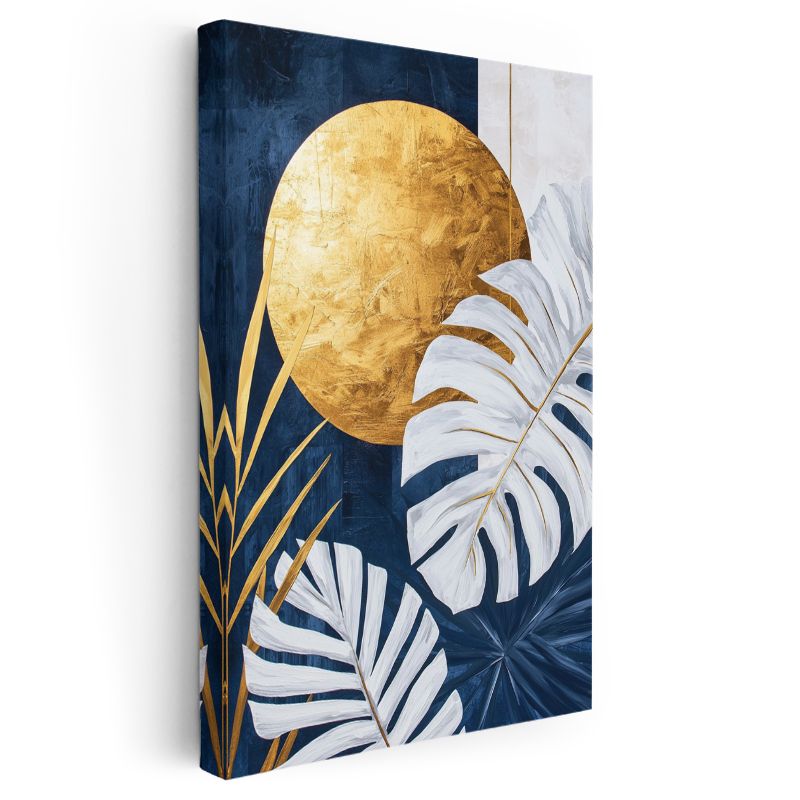 Modern Palmiye Yaprakları - Lüks Altın Ay Detaylı Kanvas Tablo