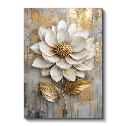 Beyaz Dahlia - Altın Detaylı Tekstürlü Çiçek Kanvas Tablo