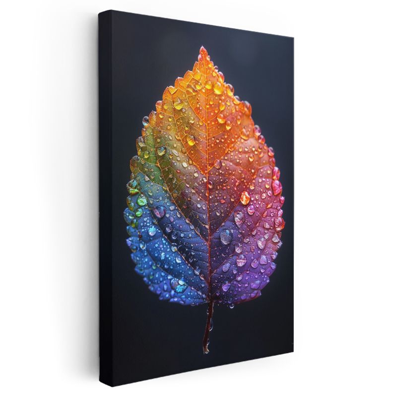 Gökkuşağı Yaprak - Çiy Damlalı Makro Doğa Kanvas Tablo