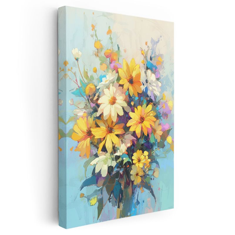 Papatya Buketi - Pastel Mavi Fon Yağlı Boya Kanvas Tablo