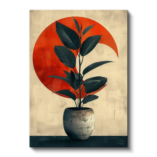 Minimalist Bitki - Kırmızı Daire Fonlu Saksılı Yaprak Kanvas Tablo