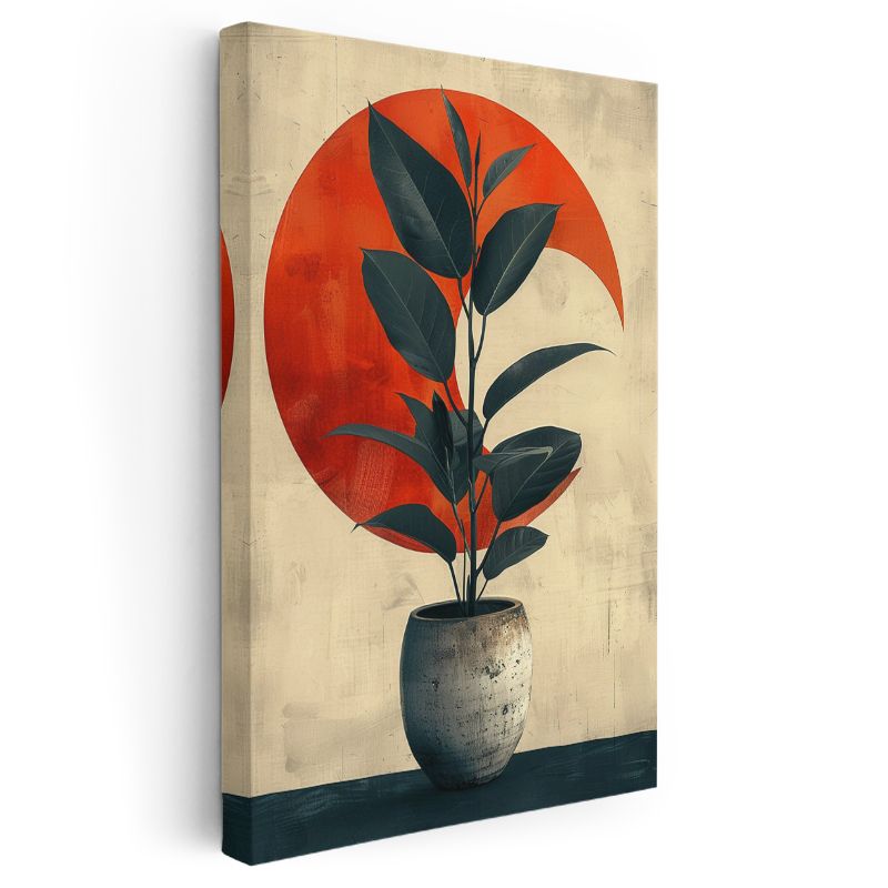 Minimalist Bitki - Kırmızı Daire Fonlu Saksılı Yaprak Kanvas Tablo