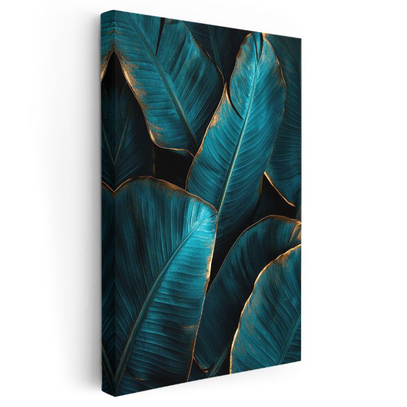 Turkuaz Yapraklar - Altın Detaylı Tropikal Bitki Kanvas Tablo