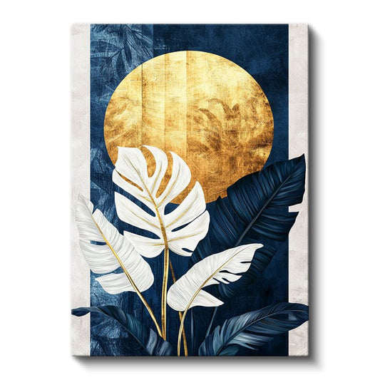 Altın Ay - Mavi Fonlu Beyaz Monstera Yaprakları Kanvas Tablo