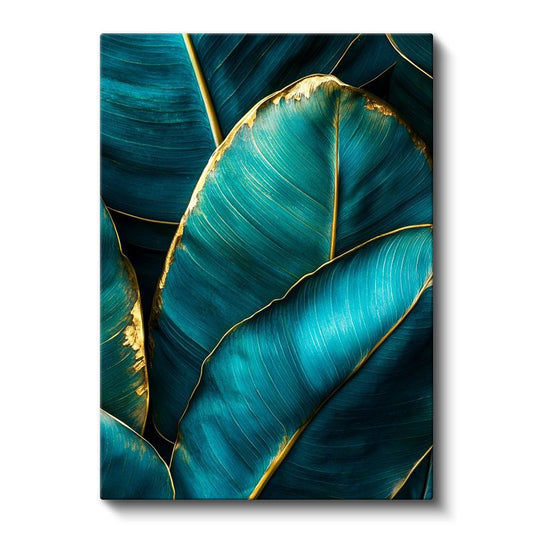 Turkuaz Yapraklar - Altın Kenarlı Tropikal Desen Kanvas Tablo