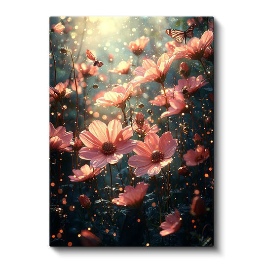 Peri Bahçesi - Işıltılı Pembe Çiçekler ve Kelebekler Kanvas Tablo
