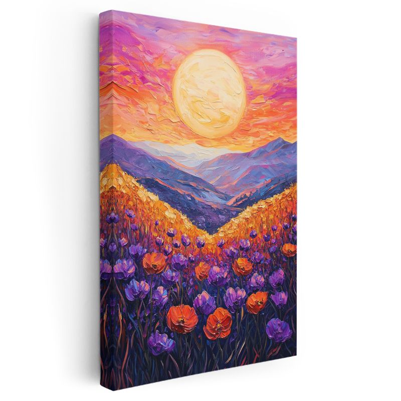 Alev Günbatımı - Dağ Manzarasında Gelincik Tarlası Kanvas Tablo