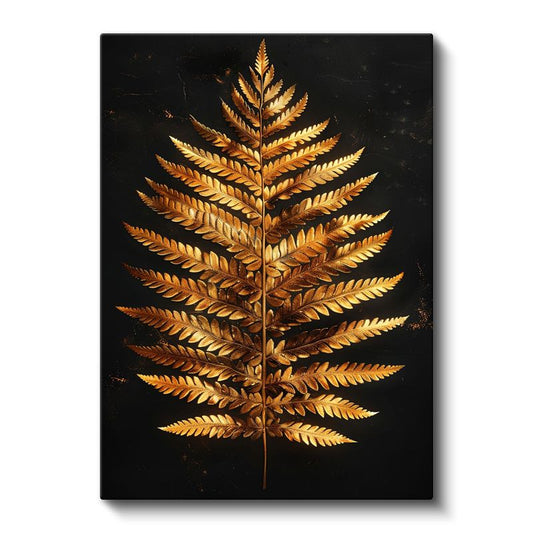 Metalik Eğrelti - Siyah Zeminde Altın Yaprak Kanvas Tablo