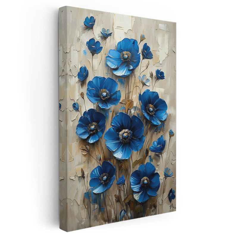 Mavi Gelincikler - Dokulu Boya Tekniğiyle Çiçek Buketi Kanvas Tablo