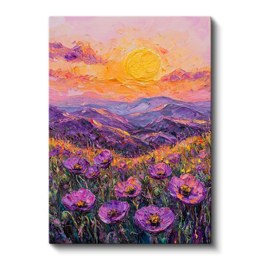 Mor Haşhaş Vadisi - Gün Batımında Dağ Manzarası Kanvas Tablo