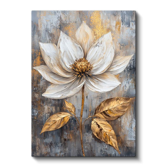 Altın Lotus - Gri Dokulu Fonda Beyaz Çiçek Kanvas Tablo