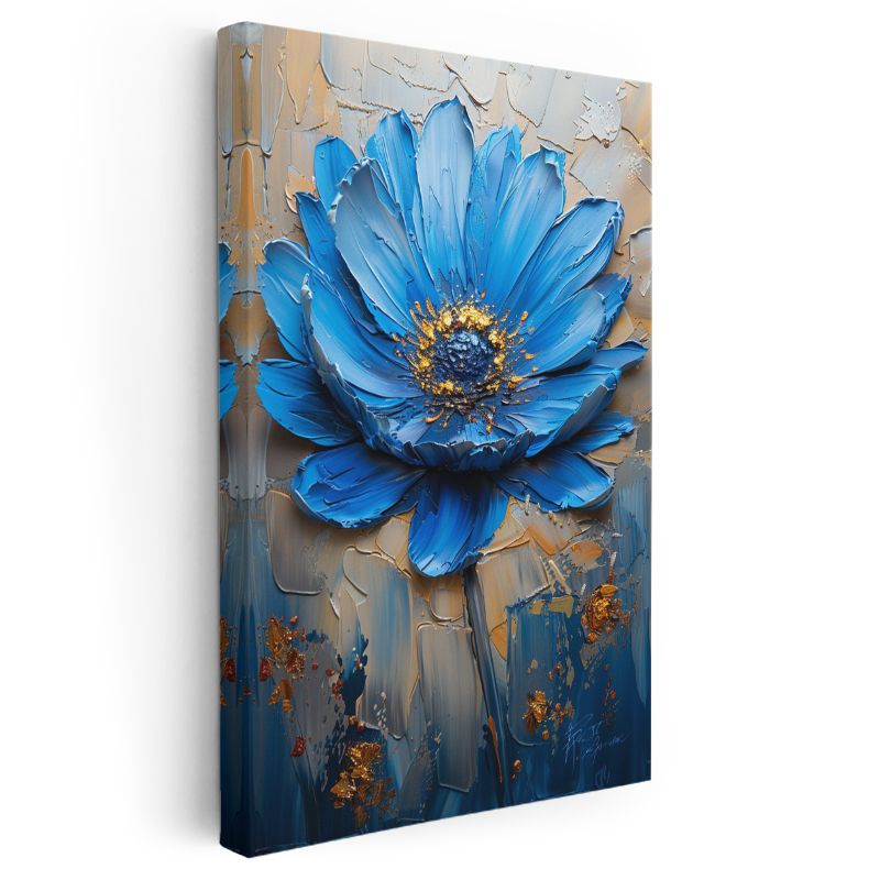Mavi Papatya - Altın Detaylı İmpasto Tekniği Kanvas Tablo