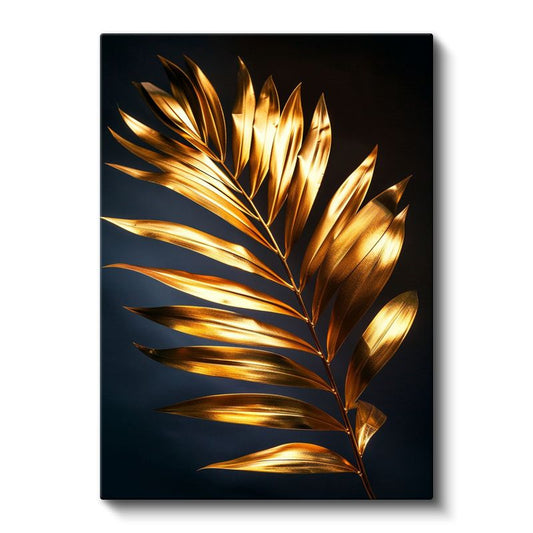 Altın Palmiye - Siyah Fonda Metalik Yaprak Kanvas Tablo