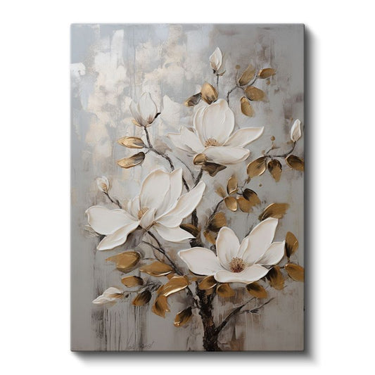 Beyaz Manolya - Gri Fonda Altın Yapraklı Çiçekler Kanvas Tablo