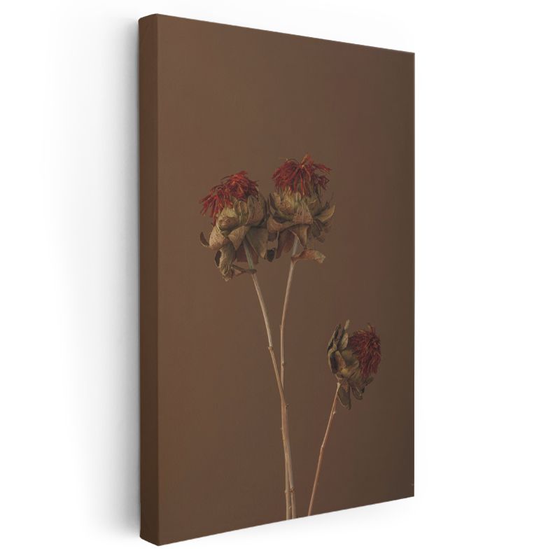 Kurumuş Çiçekler - Kahverengi Fonda Nostaljik Botanik Kanvas Tablo
