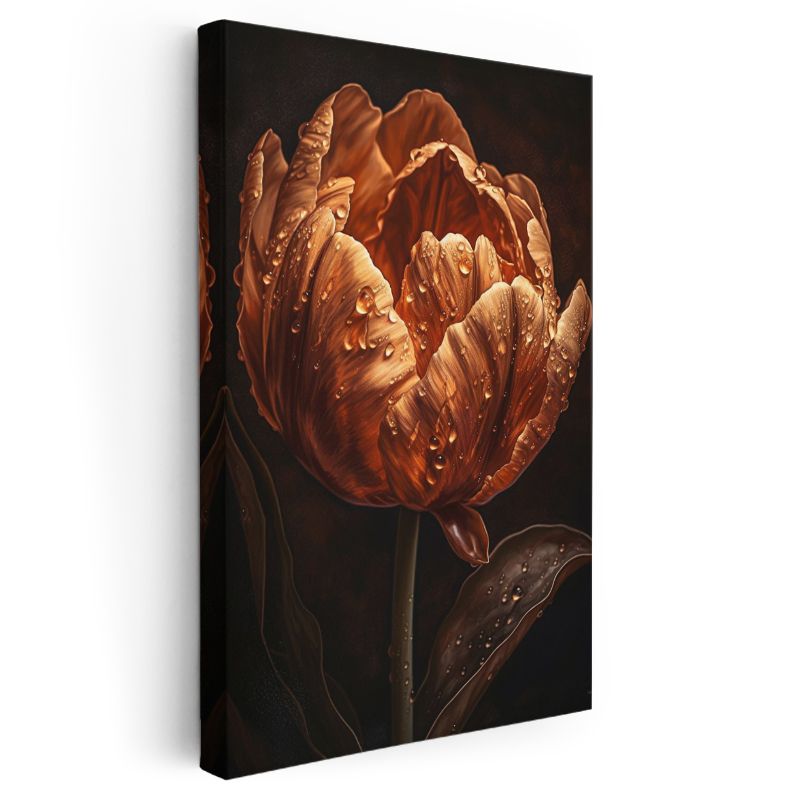 Amber Lale - Çiy Damlacıklı Bronz Çiçek Portresi Kanvas Tablo