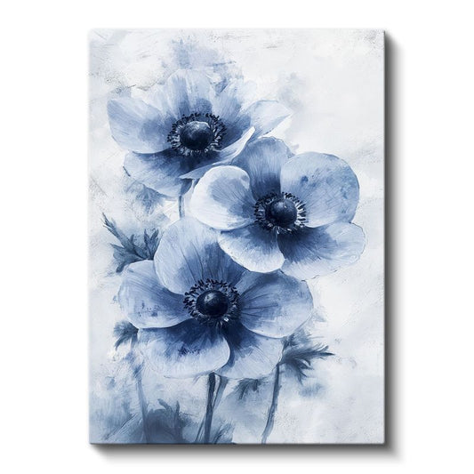 Mavi Anemonlar - Suluboya Efektli Çiçek Üçlüsü Kanvas Tablo