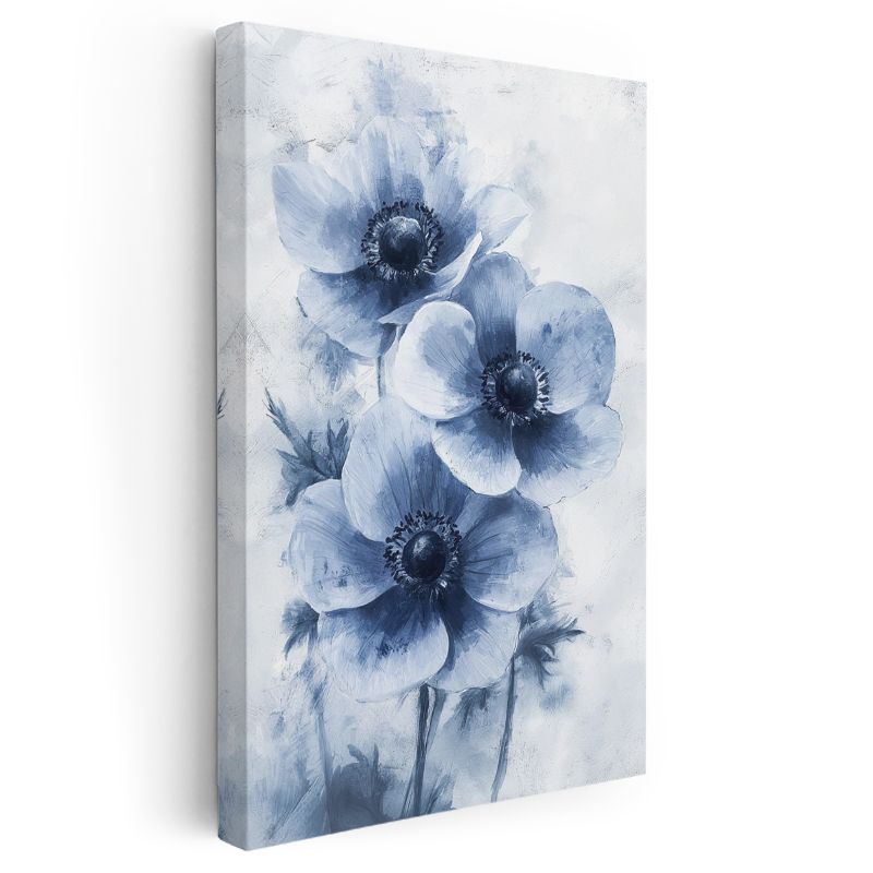 Mavi Anemonlar - Suluboya Efektli Çiçek Üçlüsü Kanvas Tablo